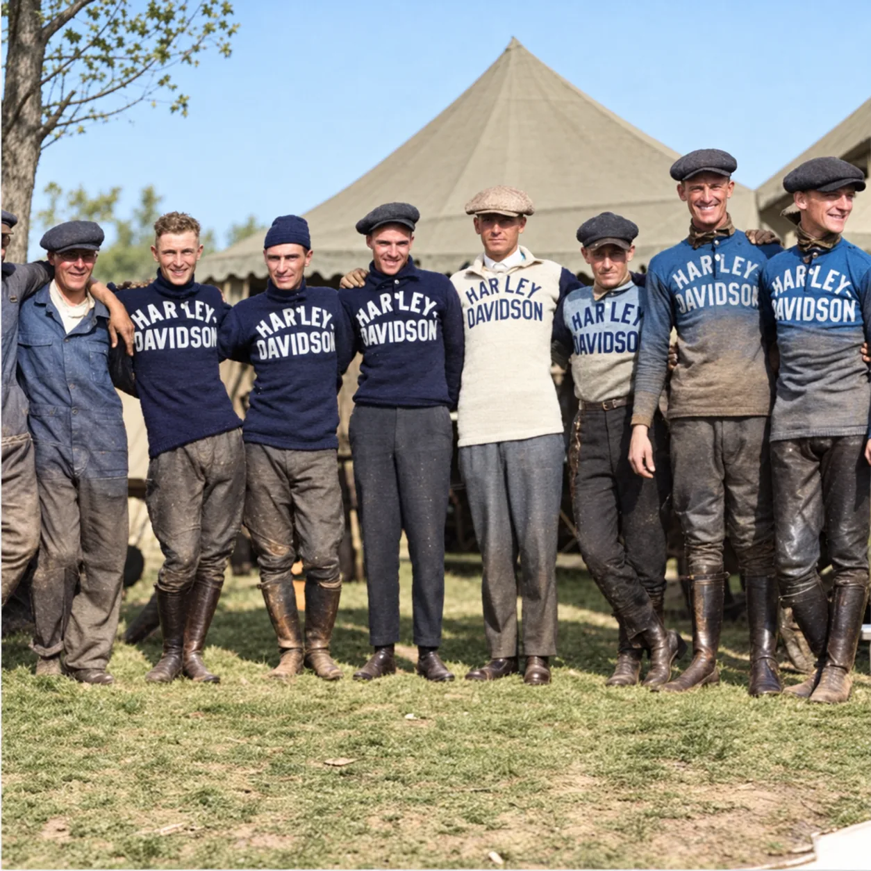 Restored and colorized photograph of the Harley-Davidson team at the 1919 Marion motorcycle race