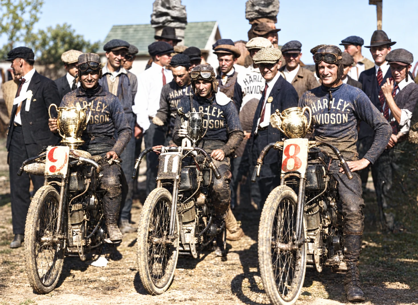 Restored and colorized group portrait of winners at the 1919 Marion motorcycle race