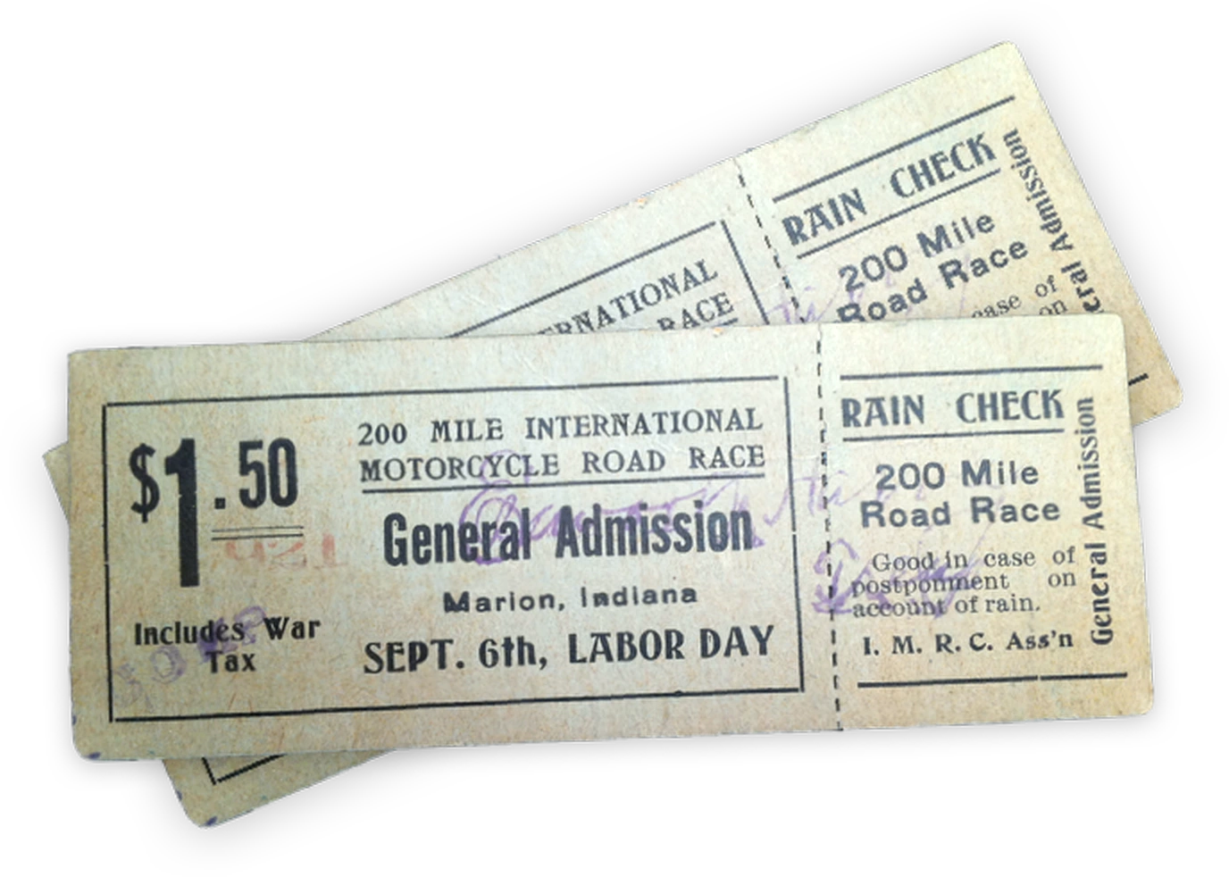 Restored and sharpened tickets for the 1920 Marion motorcycle road race
