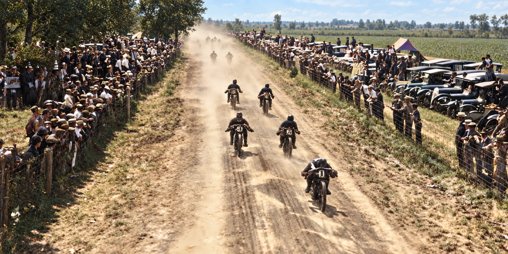 Restored and colorized view of motorcycle racers speeding through dust at the 1919 Marion race