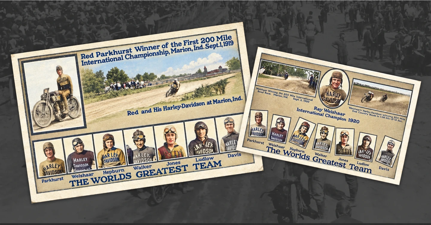 Restored and colorized Cornfield Classic race posters over the monochrome background photograph