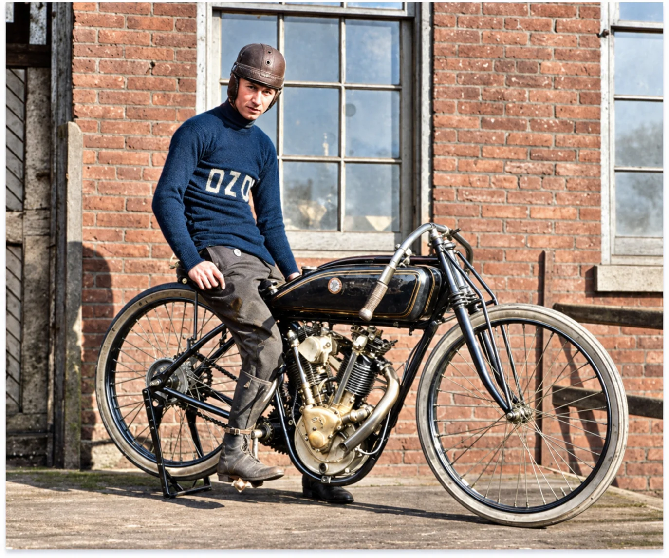 Restored and colorized portrait of Ray Creviston seated on an early racing motorcycle