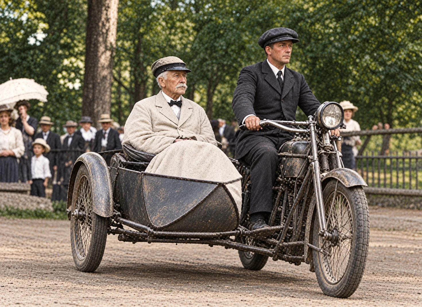 Restored and colorized view of a Civil War veteran riding in a motorcycle sidecar at the 1919 Marion race