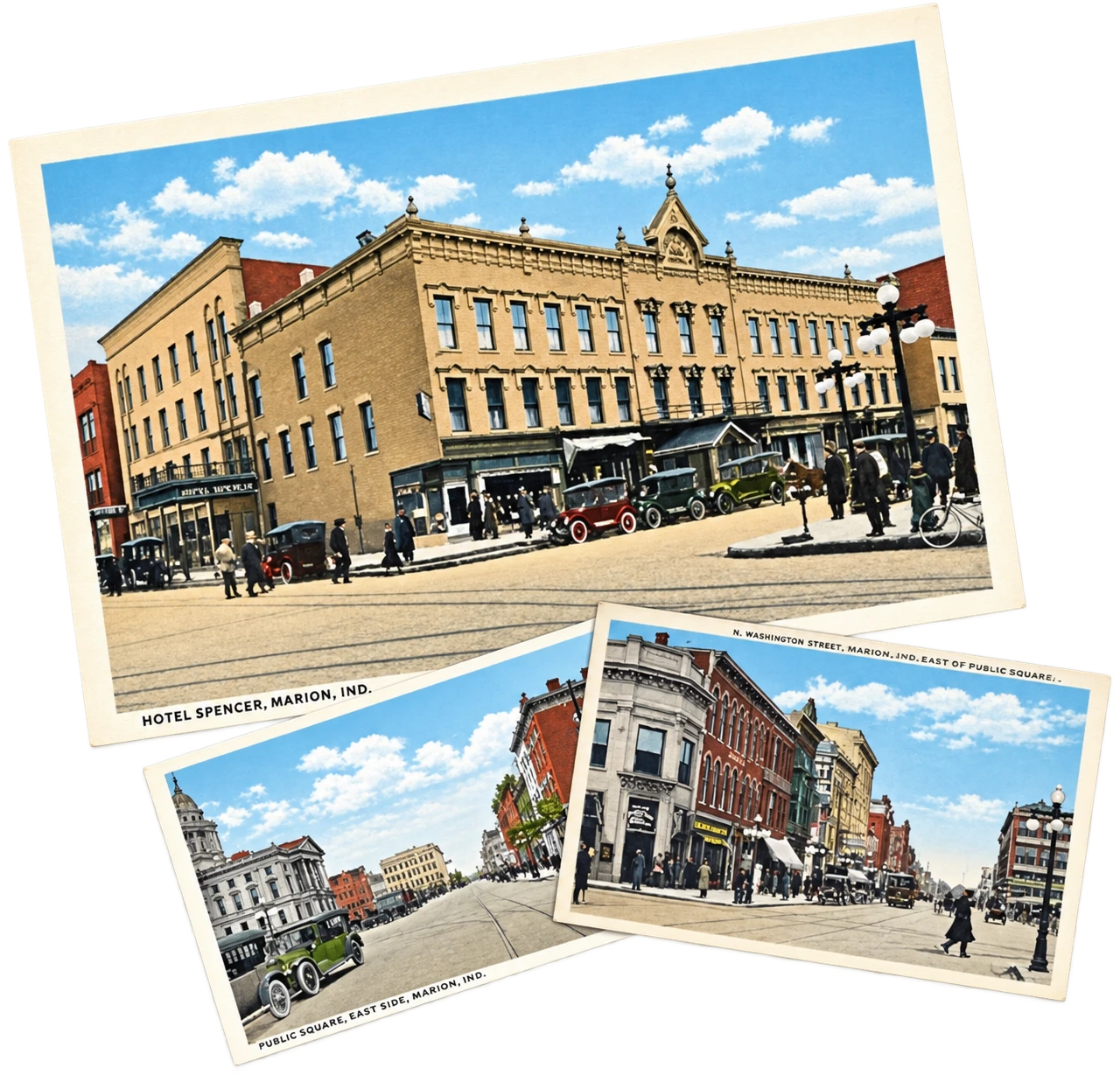 Restored historic postcards of the Spencer Hotel and downtown Marion