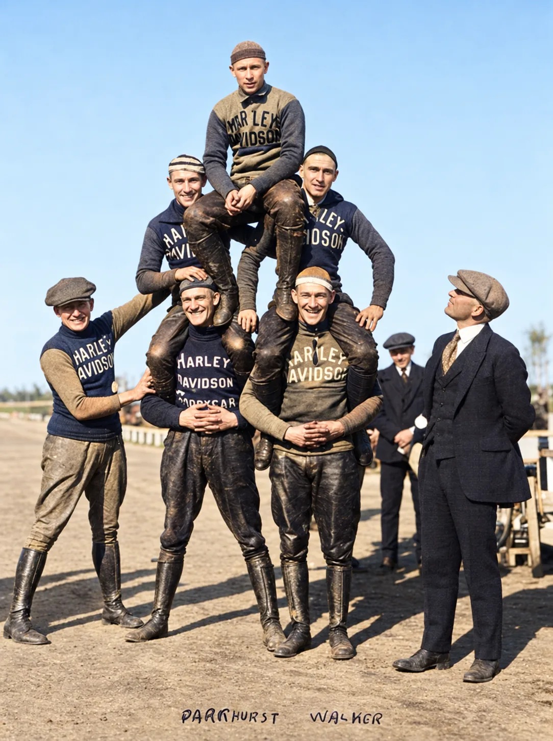 Restored and colorized photograph of the Harley-Davidson Wrecking Crew